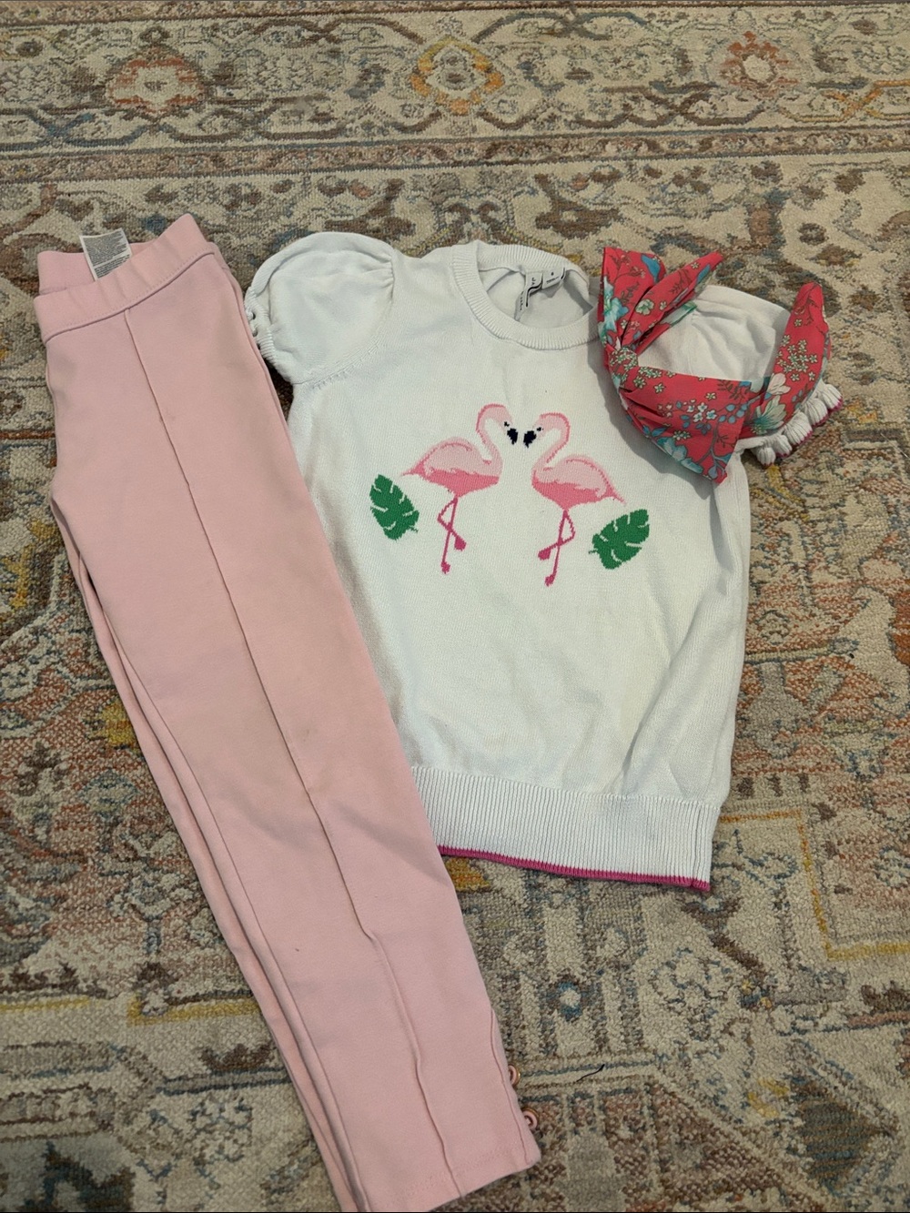 Janie and Jack Pink Leggings White Flamingo Sweater Set with Coral Headband
